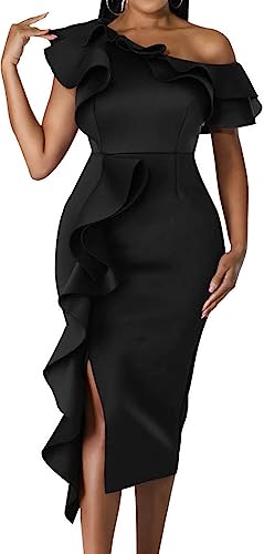 Image of Dresses for Women Elegant Long Sleeves Ruffles Pencil Knee Length Split Business Dress with Belt Zipper