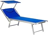 LETTINO PRENDISOLE PIEGHEVOLE IN ALLUMINIO DA SPIAGGIA MARE PROFESSIONALE IN ALLUMINIO CON TETTUCCIO PARASOLE ORIENTABILE E CUSCINO PISCINA SEDIA SDRAIO RECLINABILE IN 3 POSIZIONI (Blue)