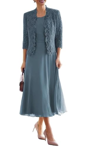 Tea Length Mother of The Bride Dresses for Wedding with 3/4 Sleeves Chiffon Formal Evening Dresses with Jacket