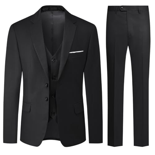 Allthemen Herren Anzug 3-Teilig Slim Fit Einreihig Zwei Knöpfe Hochzeit Smoking Anzug Blazer Weste Hose Schwarz 3XL