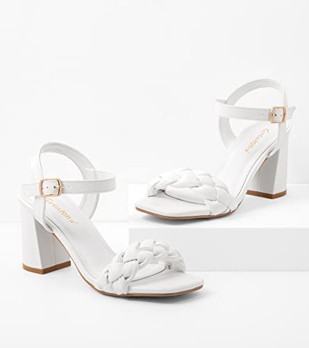 Greatonu Women's Braided Heeled Sandals Square Open Toe Summer Block Heels Dressy Sandals White Size 8 #TOP2