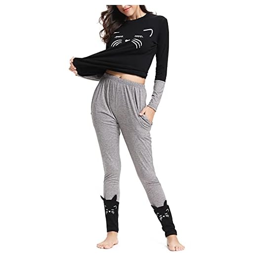 Nieery Pijamas Gato Mujer Invierno Largo, Conjunto de Pijamas Algodón Linda Ropa de Dormir Casa Casual Comodo Negro L