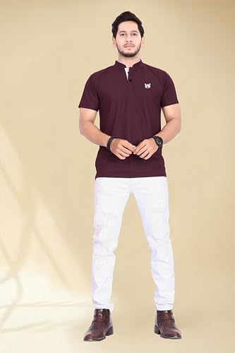 Image of BAGHADBILLO Men's and Boy's Polyster T-Shirt with Mandarin Collared Neck Half Sleeves Closuer Button and Regular Fit | Polo t Shirt for Man