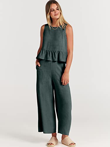 Anrabess Women's Summer 2 Piece Outfits Sleeveless Ruffle Tank Crop Top & Wide Leg Pants Lounge Set With Pockets 817Shenhui-S #TOP2