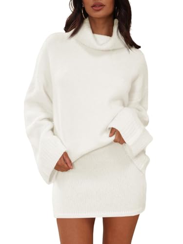 Langwyqu Womens 2 Piece Outfits Sweater Sets Turtleneck Oversized Sweaters and Mini Skirts Fall Winter Trendy Loungewear