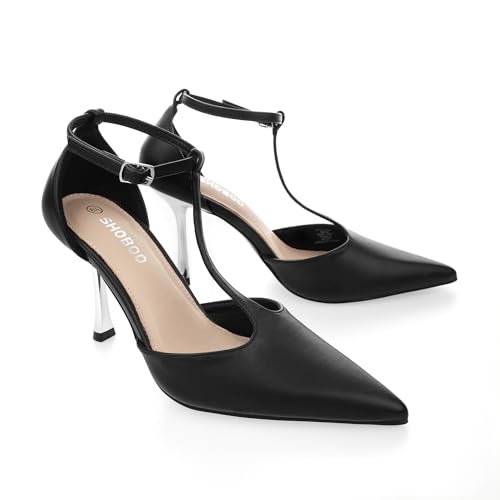 Womens Closed Toe High Heels Stiletto Pointed Pumps Prom Party Office Dress Shoes with T Strap Ankle Strap Shiny Heel4