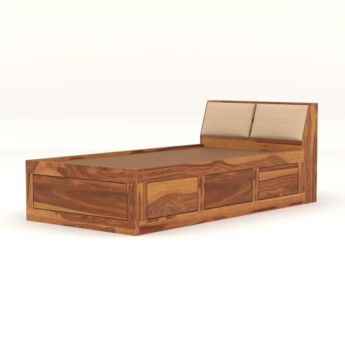 Image of Solid Sheesham Wood Single Size Bed with Box Storage for Bedroom Living Room Single Cot for Home Wooden Palang for Hotel (Honey, Size 6 * 3)