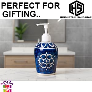 Image of HS HINDUSTANI SAUDAGAR Royal Blue Flower Ceramic Liquid soap Dispenser 500ml Handmade Hand wash Bottle for Bathroom Kitchen Sink wash Basin Shampoo Lotion Dispenser Ideal for Decor Daily use & Gift.