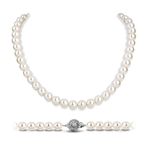 White Pearl Strand Necklace Women: 8mm/10mm Ivory Pearl Chain Wedding Jewelry with Dainty Silver Clasp for Bride Bridemaid - Trendy Accessory for Mother Graduate Elegant Lady