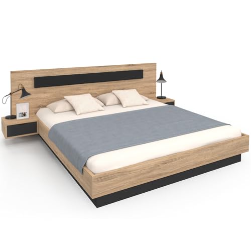 IDMarket - Letto matrimoniale Santa con testiera + comodini integrati e rete 180 x 200 cm legno e nero