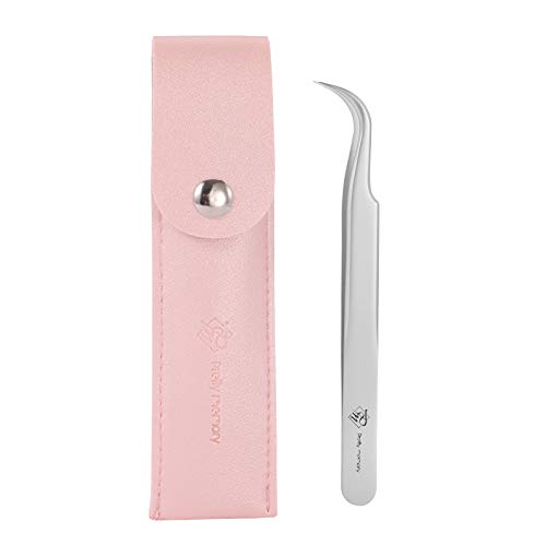 Pretty memory Curved Tweezers with Tweezers Bag for Women and Men - Precision Stainless Steel Eyelash Extension Tweezers For Volume Lashes, Professional Pink