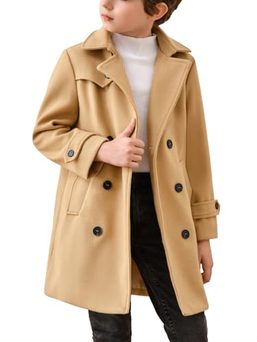 Haloumoning Boys Double Breasted Peacoat Notched Lapel Collar Wool Blend Long Coat with Pockets