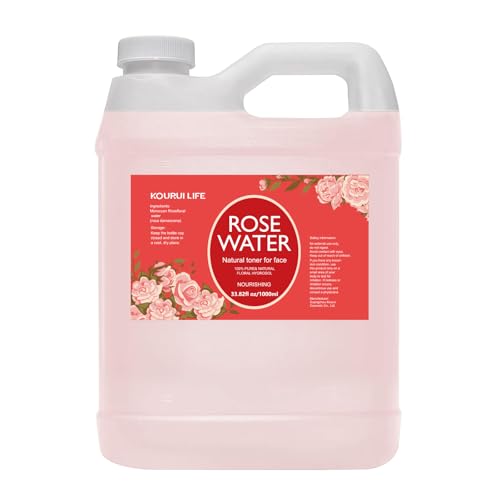KOURUILIFE Agua de rosas 1000 ml, hidrolato de rosas, extracto de rosa, tónico facial comestible, 100% puro y natural, vegano, agua rosa, para cara, contorno de ojos, cuerpo, cabello