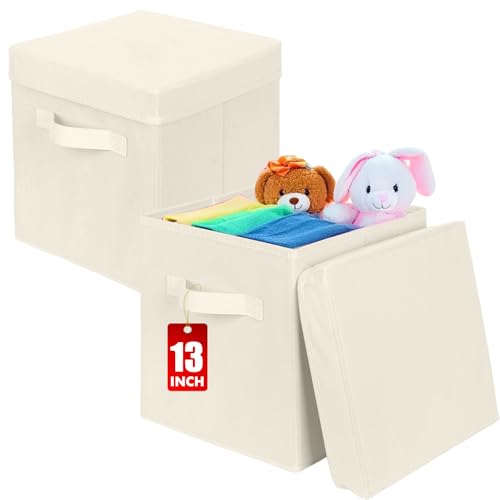 powerking Aufbewahrungsbox Behälter, 2 Pack klappbarer Stoff Aufbewahrung Würfel mit Deckel, Kleidung Organizer Schublade für Schrank und Spielzeug Aufbewahrung, 33 x 33 x 33 cm,Beige