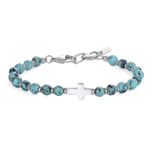 GAVU 6mm African Turquoise Bracelet for Men Gemstone Beaded Cross Bracelet for Men