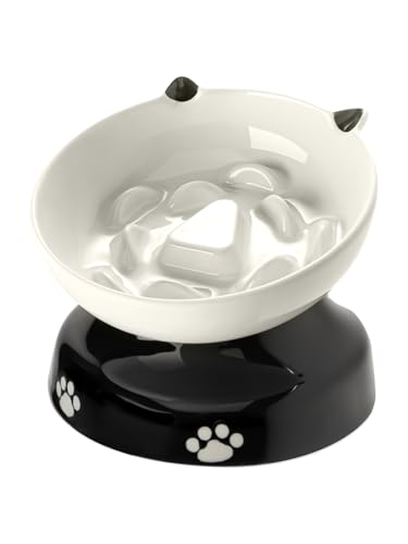 Y YHY Ceramic Cat Slow Feeder, Elevated Dog Food Bowl Tilted Design, Slow Feeder Bowl no Black Chin, Cat Shape for Dry and Wet Food