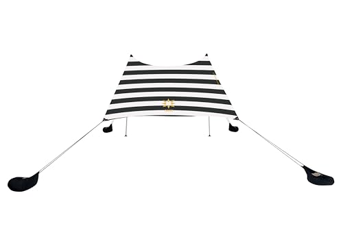 Image of Neso Portable Beach Tent Sun Shelter with Sand Anchor - Lightweight Beach Shade Canopy - Easy Setup for Family Outings - Patented Reinforced Corners - UPF 50+ - 7 x 7ft - Black /White Stripes