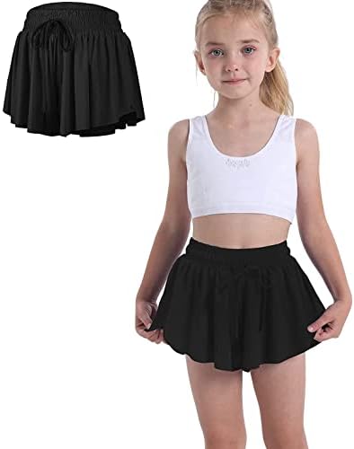 Flowy Shorts for Teen Girls with Spandex Liner 2-in-1 Youth Butterfly Skirts Tennis Running Fitness Sports Dance Skort Black 9-10Years