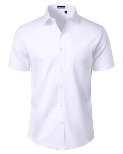 DEMEANOR Mens Short Sleeve Dress Shirts Stretch Fitted Casual Work Summer Wedding Button Down Shirts with Pocket White Large