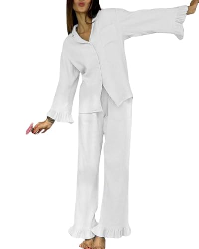Womens Muslin Pajama Set Cotton Gauze Loungewear 3 Piece Long Sleeve Button Down Sleepwear Ruffle Pj Set