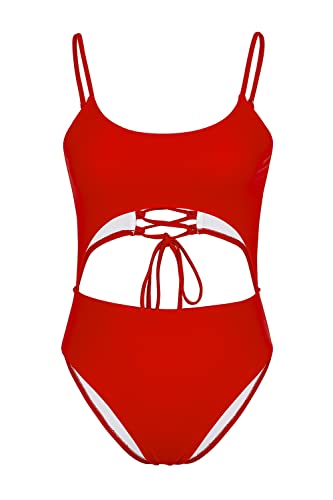 Meyeeka Womens Scoop Neck Cut Out Front Lace Up Back High Cut Monokini One Piece Swimsuit