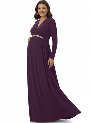 Image of KOH KOH Womens Maternity Long Sleeve V-Neck Flowy Winter Maxi Dress Gown