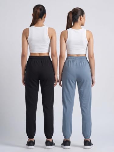 Image of Fflirtygo Cotton Solid Joggers /Track Pant /Solid Pajama /Leggings �100% Export Quality Soft Cotton Night Wear /Pocket Pyjama for Women Combo Pack of 2Pcs, Blue and Grey