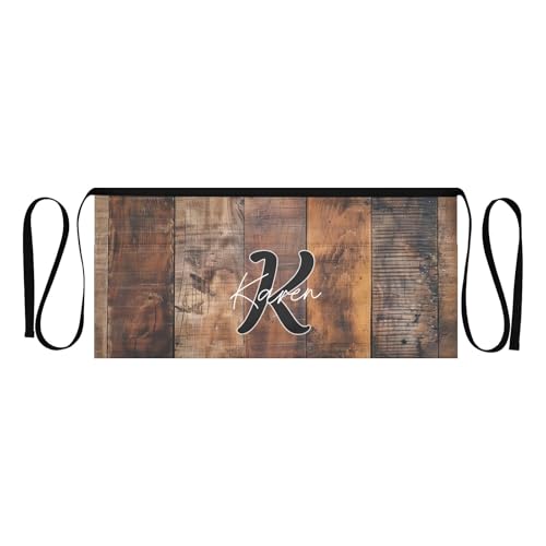 ODAWA Customized Monogram Short Apron Waitress Apron with Pockets Cute Personalized Name Brown Wood Board Server Aprons for Waitress