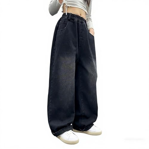 Girls Jeans Back Cute Prints Elastic Waist Straight Baggy Wide Leg Denim Pants Teens Floor Length Casuall Trousers