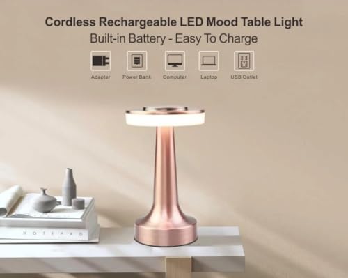 Image of One94Store Rechargeable LED Table Lamp with Touch Control, 3-Level Brightness, Retro Rose Gold Metal Design, Perfect for Bedside, Nursery, Home & Cafe Decor