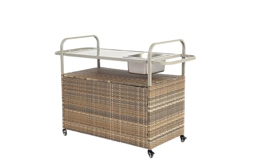 Arhatreya Table de bar d'extérieur - Chariot en rotin avec armoire, plateau en acier, bac à glaçons, roulettes verrouillables et panier latéral - Pour...