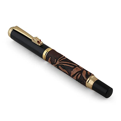 Image of 20319 Dikawen 891 Brown Grape Embossed Pattern With Golden Dragon Clip Metal Fountain Pen, Fine Nib, Include Ink Converter & Luxury Gift Box, Pen for Men & Women.