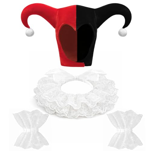 4PCS Clown Costume Accessories Set Jester Hat Lace Ruffle Collar Wrist Cuffs for Halloween Cosplay Party (White&Red&Black)