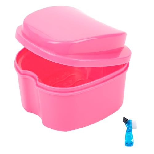 Sewokon - retainer case portable,denture box,denture bath case,denture soaking container box,orthodontic dental retainer box,plastic false teeth box,denture cleanning container with filter and brush-pink