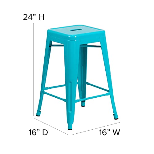 Flash Furniture Commercial Grade 4 Pack 24" High Backless Crystal Teal-Blue Indoor-Outdoor Counter Height Stool #TOP2