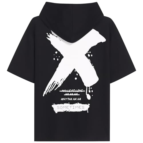 KENAIJING Sweat Manche Courte Homme Tee Shirt Sweats à Capuche Hip Hop Motif Imprimé Athlétique Hoodie(Noir, S)