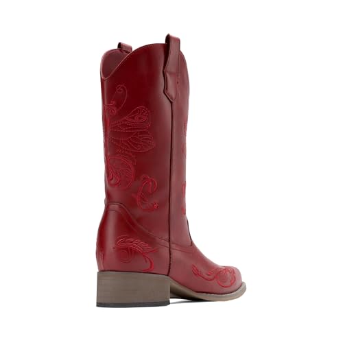 DREAM PAIRS Women's Square Toe Cowboy Cowgirl Boots Pull On Low Chunky Heel Mid Calf Western Boots with Embroidered Stitched for Theme Party Country Concert,Size 8,Red,SDMB2220W