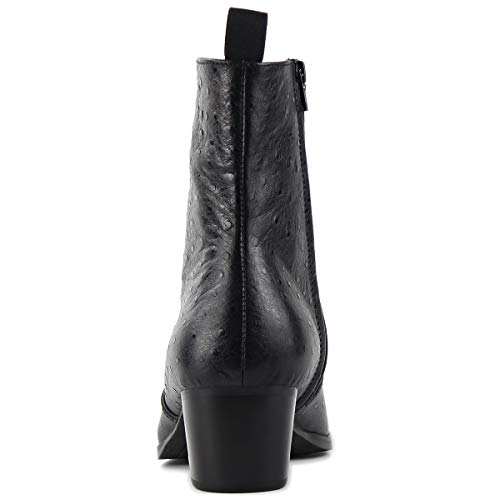 OSSTONE Men Chelsea Ankle Boots Leather Ostrich Print Western Cowboy Boots with Side Zipper Heel Dress Boots JY0144