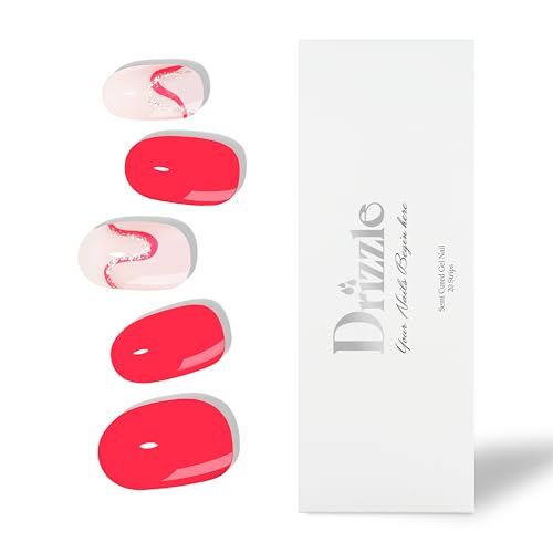 Drizzle Semi Cured Gel Nail Strips, Real Nail Polish Art Stickers (UV Light Required),Glitter, Solid Color, Full Wraps Long Lasting Waterproof, Nail Strips Decal for Women (I Heart You)