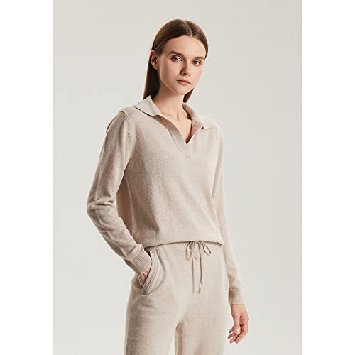 Greenmount Women's Deep V-Polo Casual Loose Cashmere Sweater Pullover Lapel Long Sleeve For Women Keep 37.5° Warm Khaki #TOP2