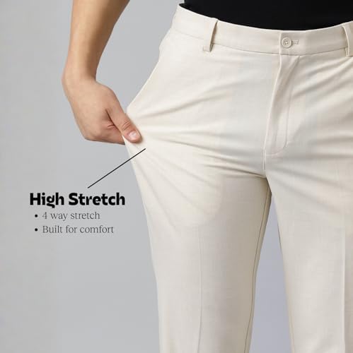 Image of SUBTRACT Men 4 Way Stretch Wrinkle Free Slim Fit Formal Trouser in with 2 Inch Flexible Waistband | Men's Trousers for Office Or Party