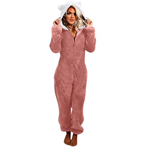 ZJRXM Women's Fleece Hooded Non-Footed Onesie Loungewear Pajama Cartoon Bear Sherpa Romper Onesie Pajama for Adults