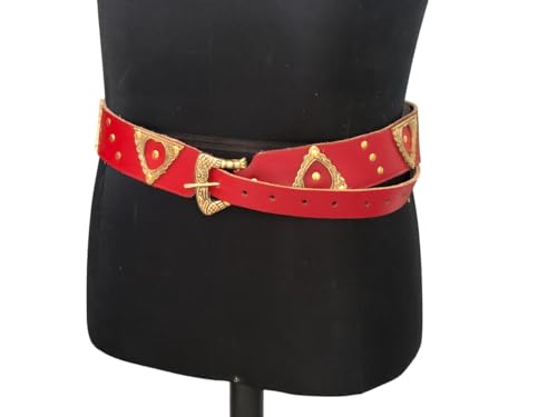 NauticalMart Medieval Red Leather Renaissance Viking Belt with Brass Buckle for Medieval Events, LARP, Renaissance, Ren Faire, Halloween Parties