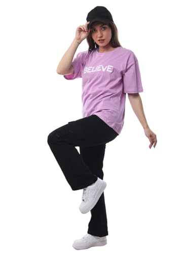 Image of Women's Bohemian Oversized Tee in Pure Cotton with Intricate Print, Offering Comfort and Style for Any Occasion (Purple)