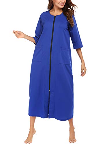 Ekouaer Duster Robe Womens Short Sleeve Bathrobes Zipper Front Housecoat Full Length Sleepwear Plus Size Nightgown(Blue Sapphire,M) #TOP2