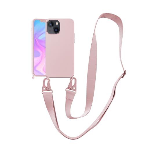 Image of Compatible with iPhone 13 Mini Case with Lanyard Crossbody iPhone Case with Strap Adjustable Shockproof Drop Protection Silicone Phone Cover for iPhone 13 Mini 5.4'' Pink Sand