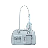 ZGHQHCDRH Light Blue Glossy Ita Bag with Bow and Clear Pocket, Fashionable Women's Shoulder Handbag for Daily Use (Blue)