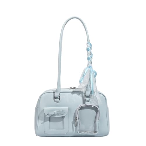 ZGHQHCDRH Light Blue Glossy Ita Bag with Bow and Clear Pocket, Fashionable Women's Shoulder Handbag for Daily Use (Blue)