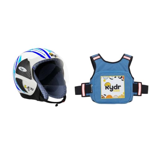 Image of RYDRKids URA Star S Leo Blue Kids Helmet with Visor Shield and Safety Belt Pocket Combo, Lightweight Adjustable Helmet for Boys, XS Size for Up to 8 Years