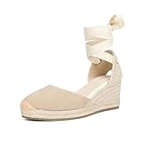 TONIVIS Women’s Platform Wedges Espadrilles, 2.7" Wedge, Soft Ankle-Tie Strap, Closed Toe, cowhide leather Classic Summer Sandals Beige 9.5 size